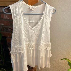 Style &Co petit large white blouse. It is decorated with layers of lace.